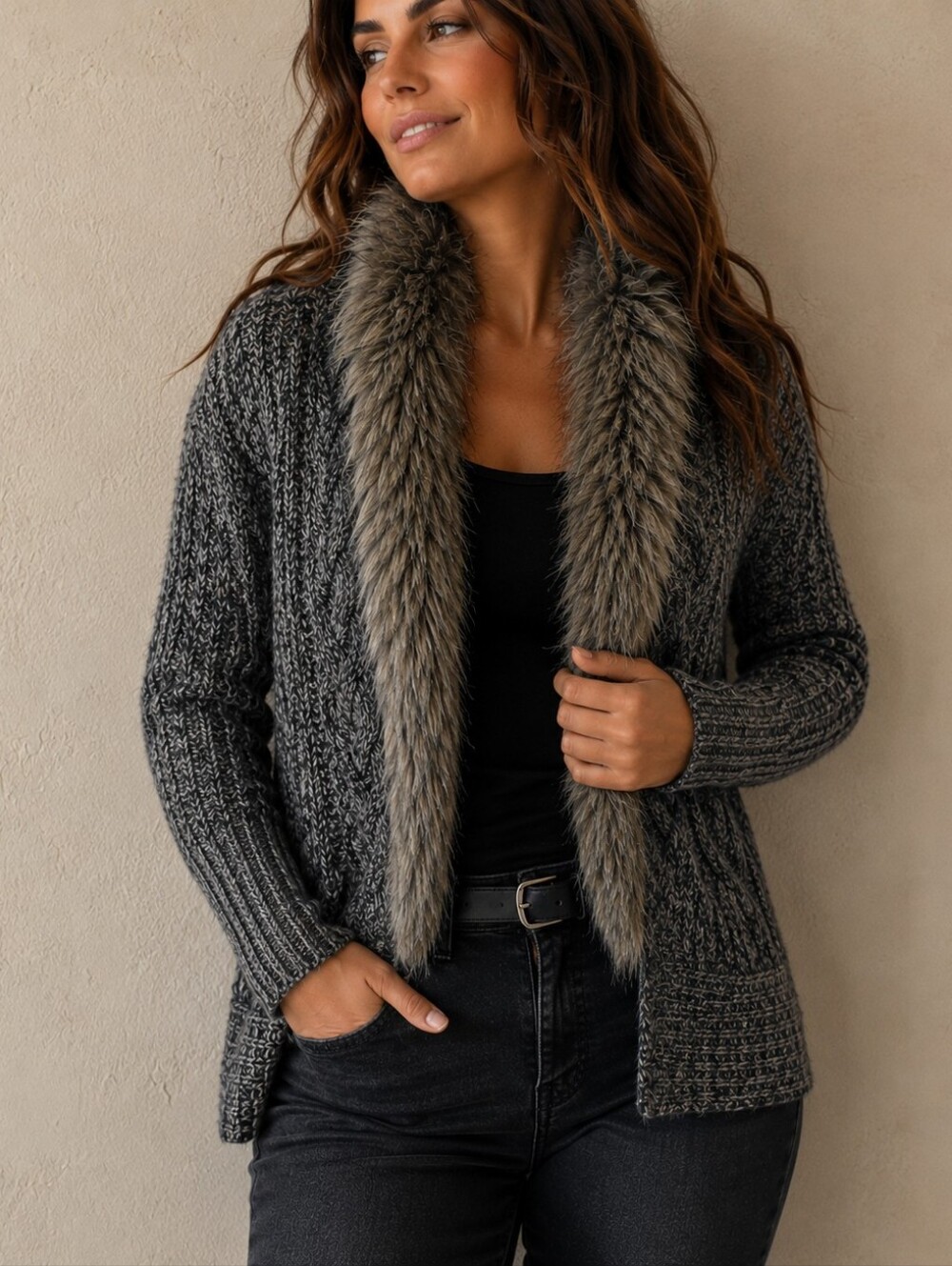 Vintage XOXO Gray Faux-Fur Trim Open-Front Cardigan